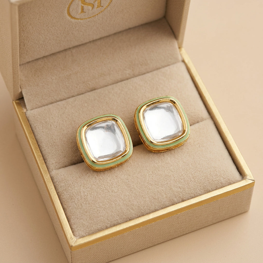 Large Square Kundan Stud Earrings