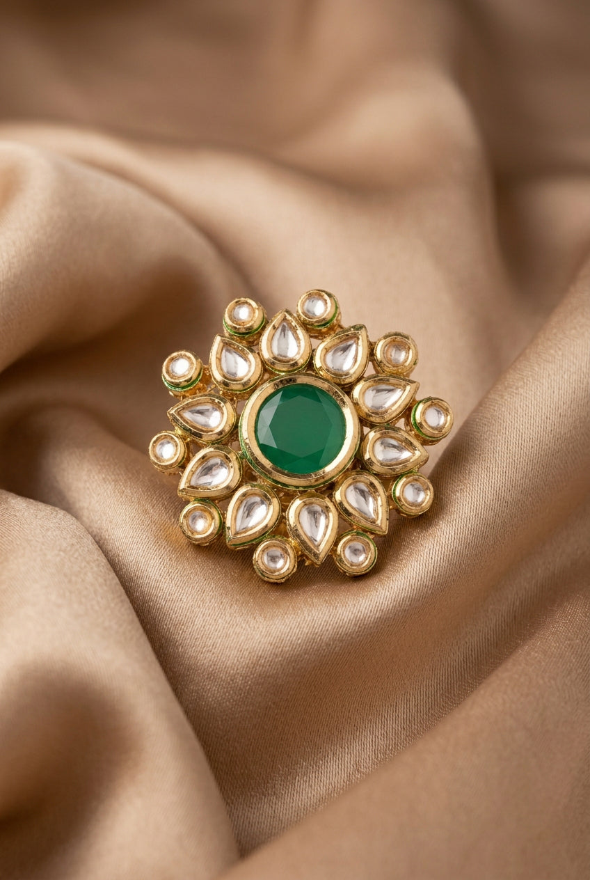 Kundan Statement Ring with Emerald Green Stone