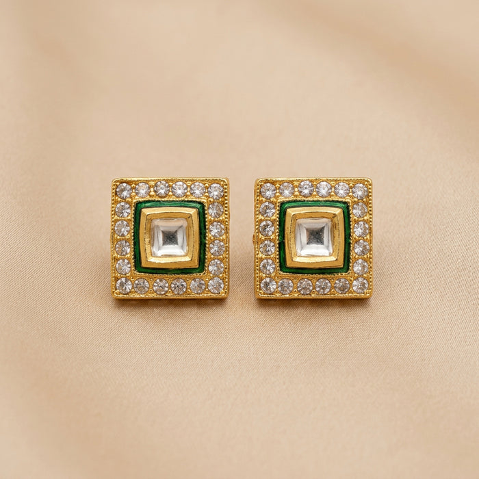 Square Kundan Stud Earrings with Crystal Border