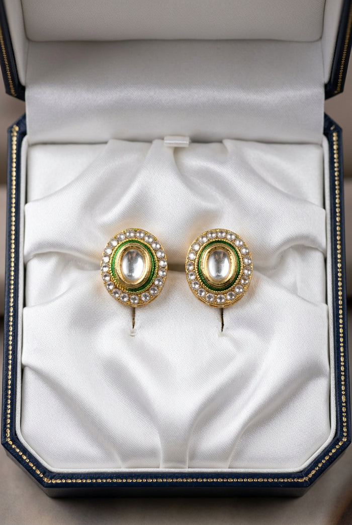 Oval Kundan Stud Earrings with Crystal Border