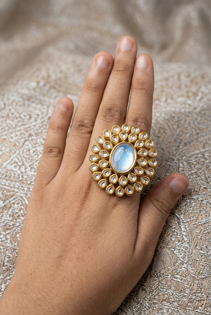 Kundan Floral Statement Ring with Clear Stone