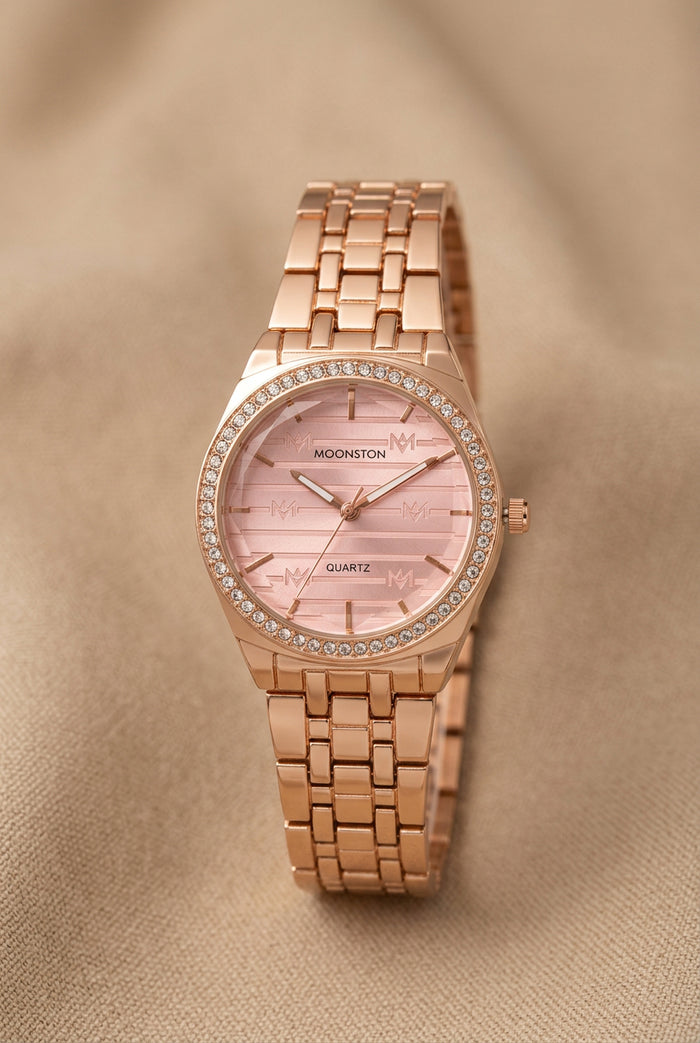 Rose Gold Crystal Bezel Watch with Pink Dial