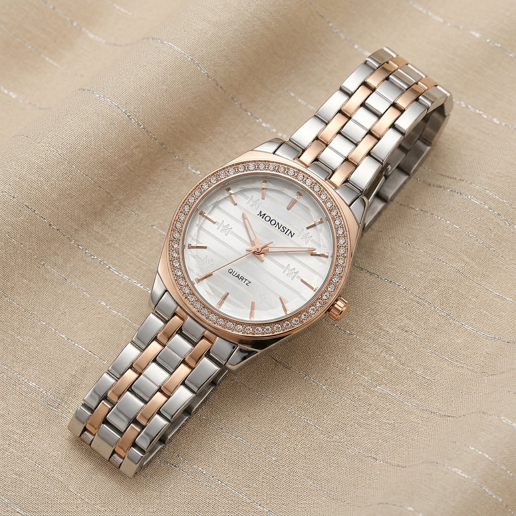 Two-Tone Crystal Bezel Watch with White Dial