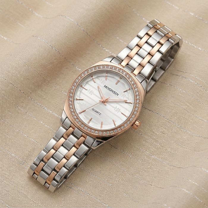 Two-Tone Crystal Bezel Watch with White Dial