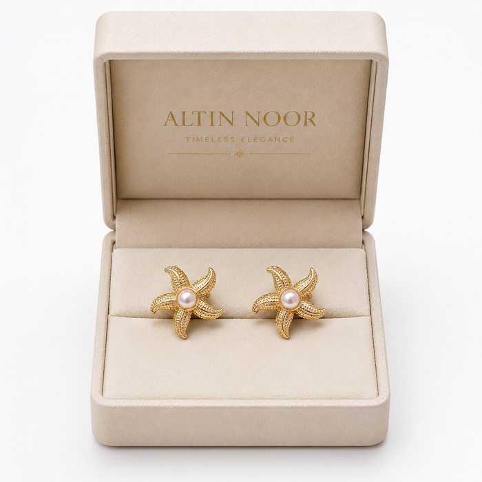 Gold Starfish Pearl Stud Earrings