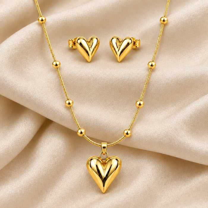 Puffed Heart Pendant Necklace & Earring Set