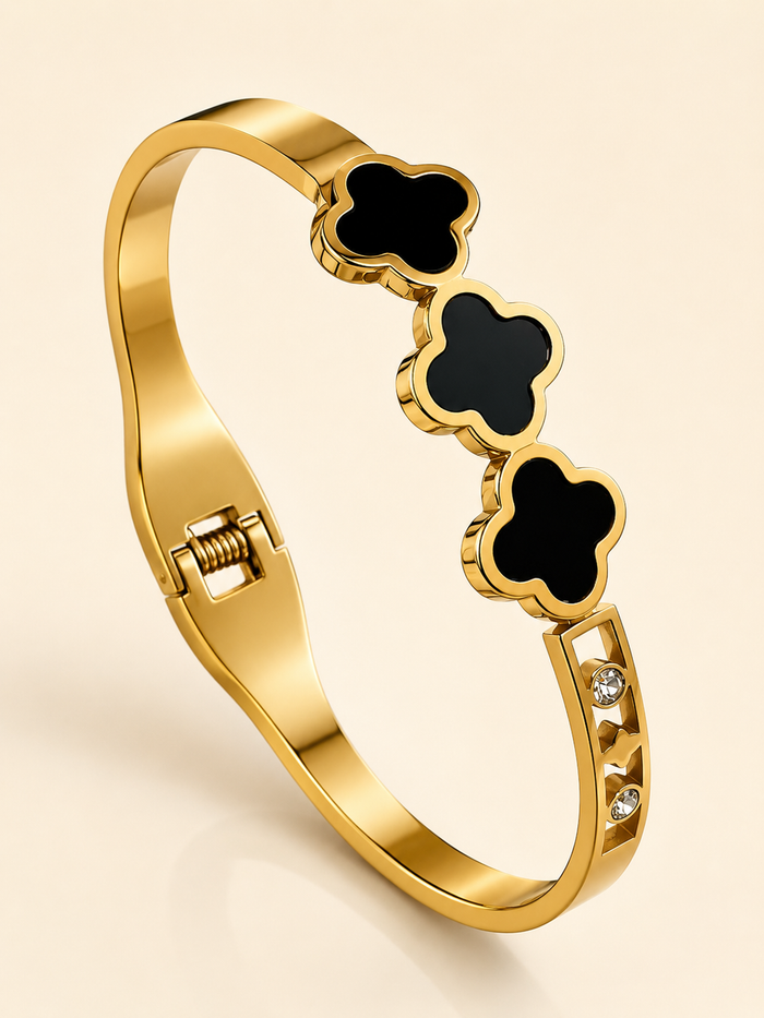 Black Clover Bangle Bracelet with Crystal Accents