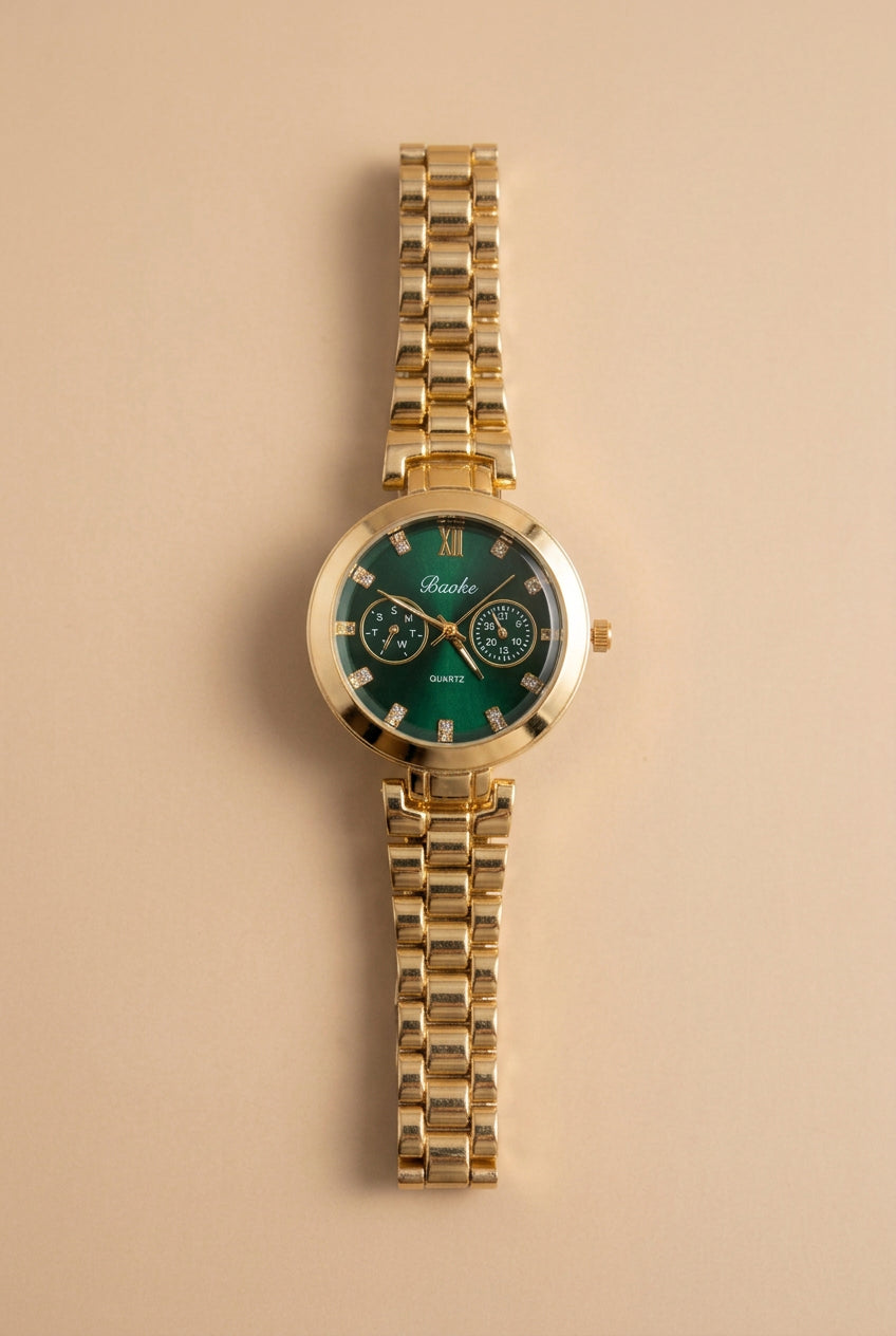 Gold Watch with Green Dial and Crystal Markers