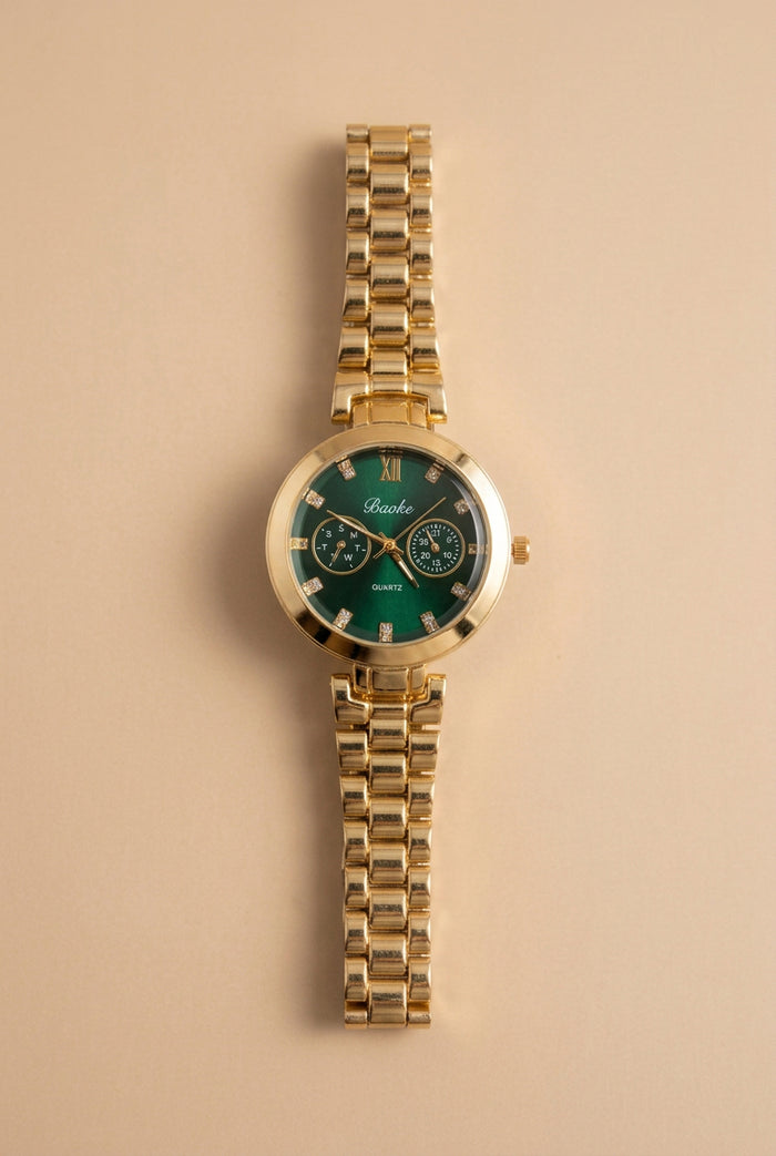 Gold Watch with Green Dial and Crystal Markers