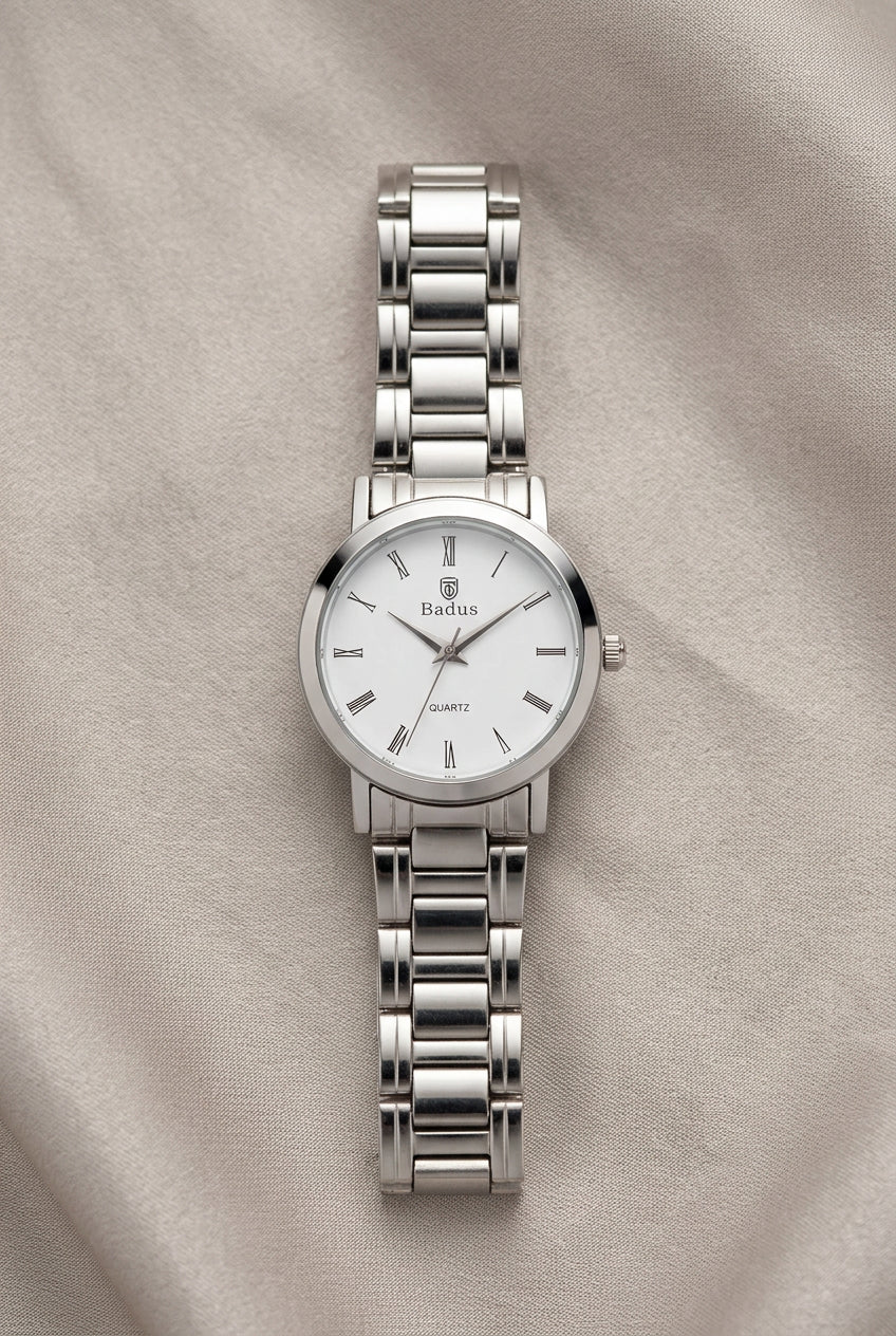 Silver Watch with White Dial and Roman Numerals