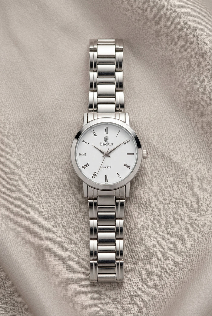 Silver Watch with White Dial and Roman Numerals