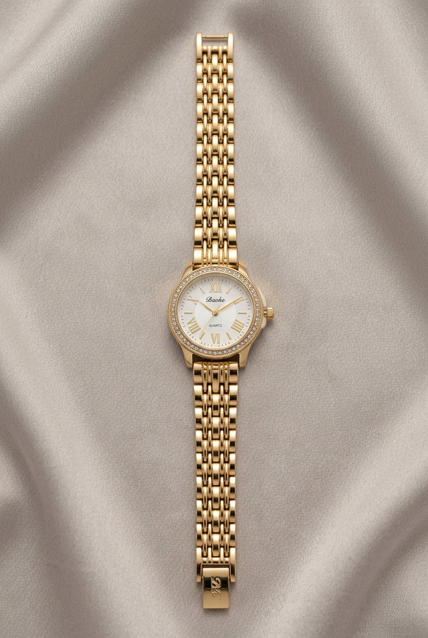 Gold Crystal Bezel Watch with White Dial