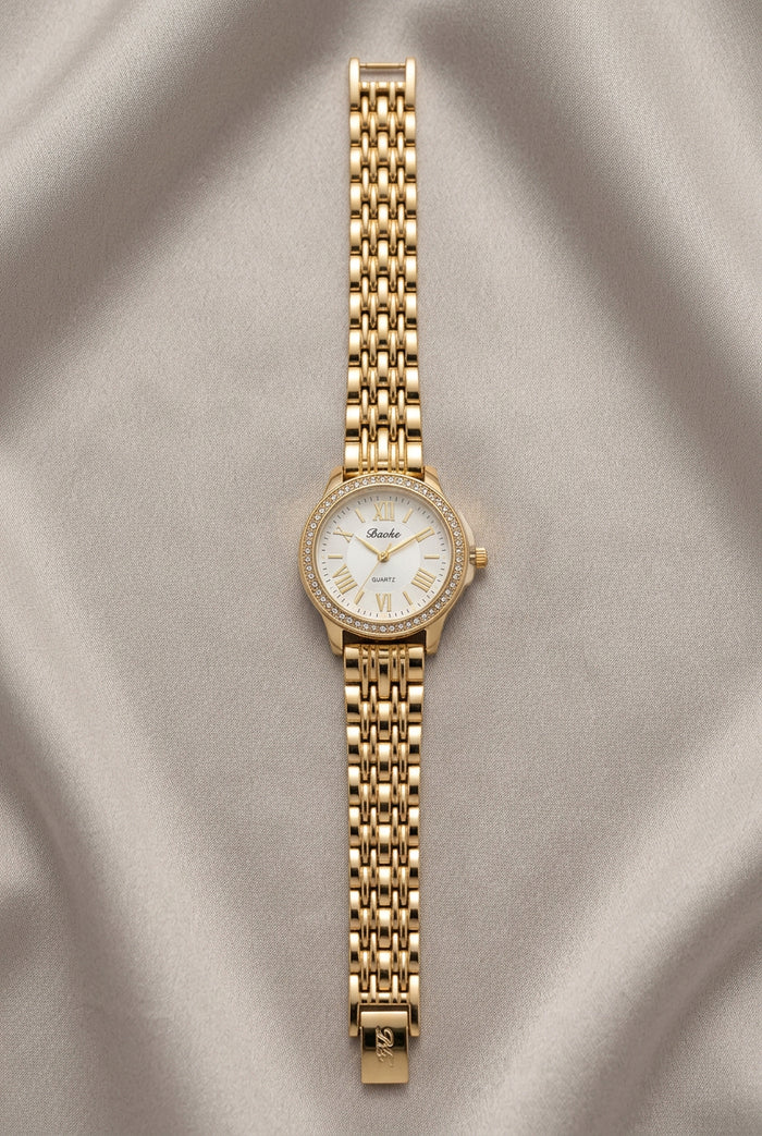 Gold Crystal Bezel Watch with White Dial
