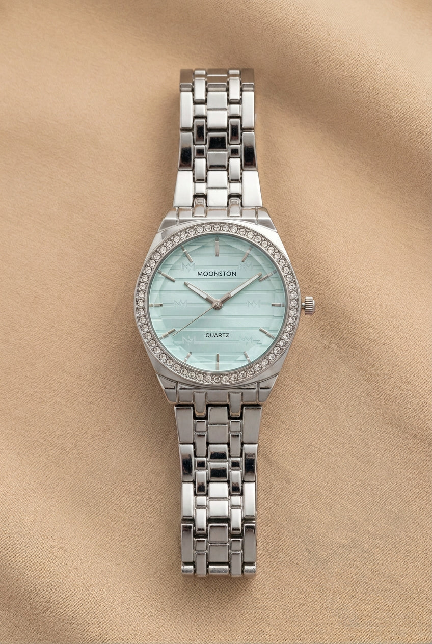 Silver Crystal Bezel Watch with Aqua Dial