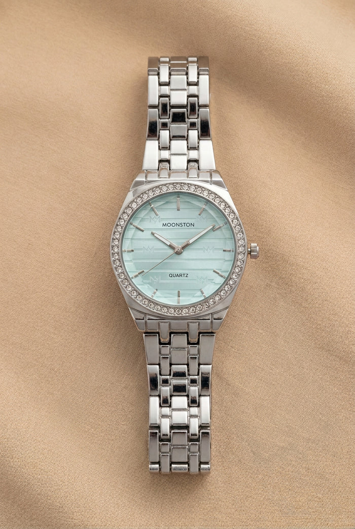 Silver Crystal Bezel Watch with Aqua Dial