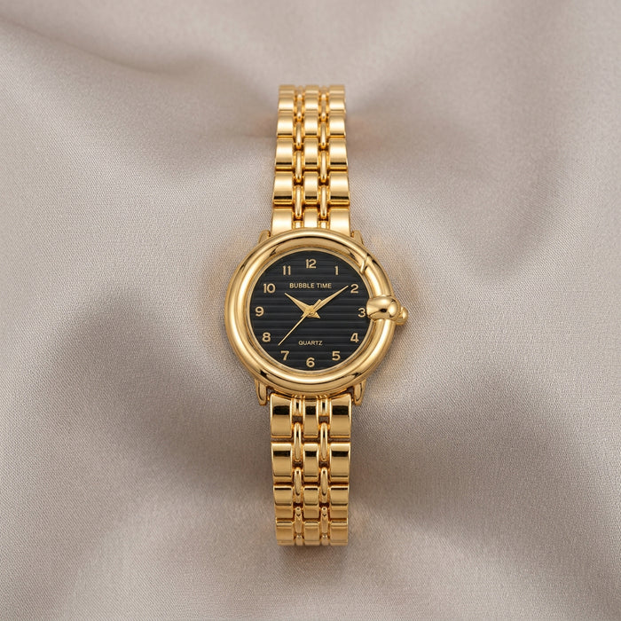 Gold Round Watch with Black Dial