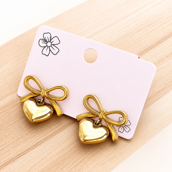 Bow Earrings with Heart Charm Dangle