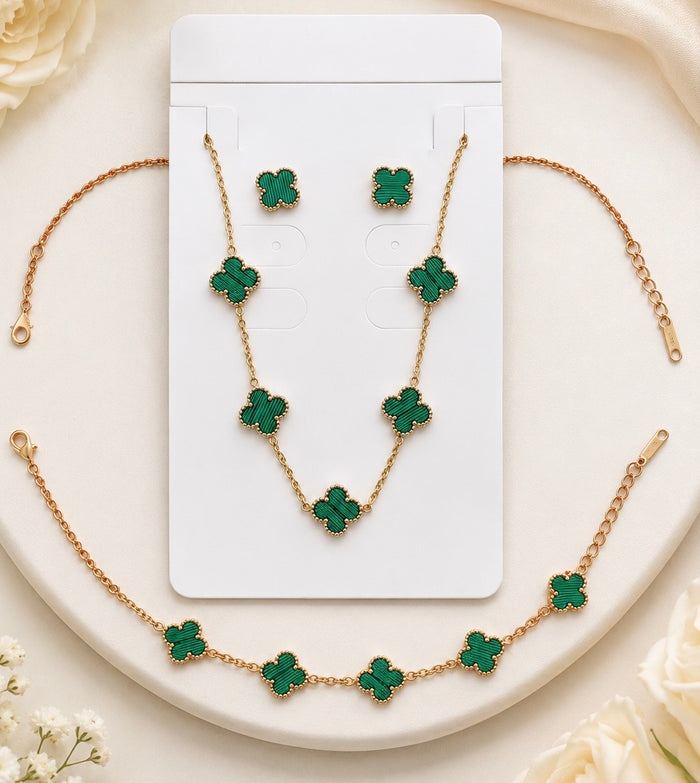Green Clover Necklace & Earring Set - Four-Leaf Clover Jewelry