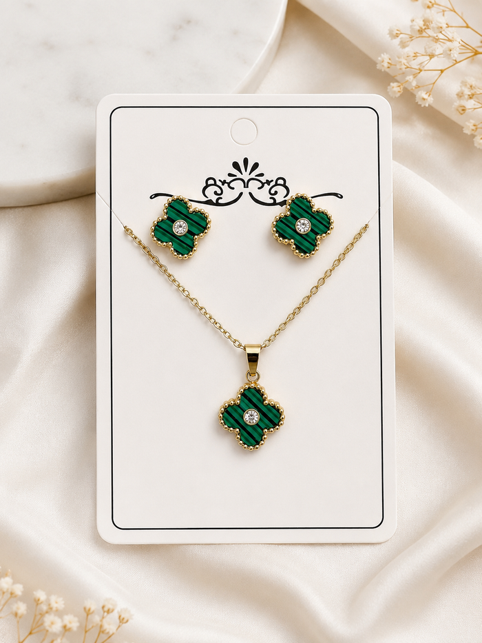 Green Striped Clover Necklace & Earring Set