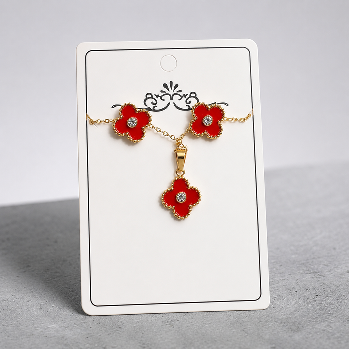 Red Clover Necklace & Earring Set - Four-Leaf Clover Jewelry