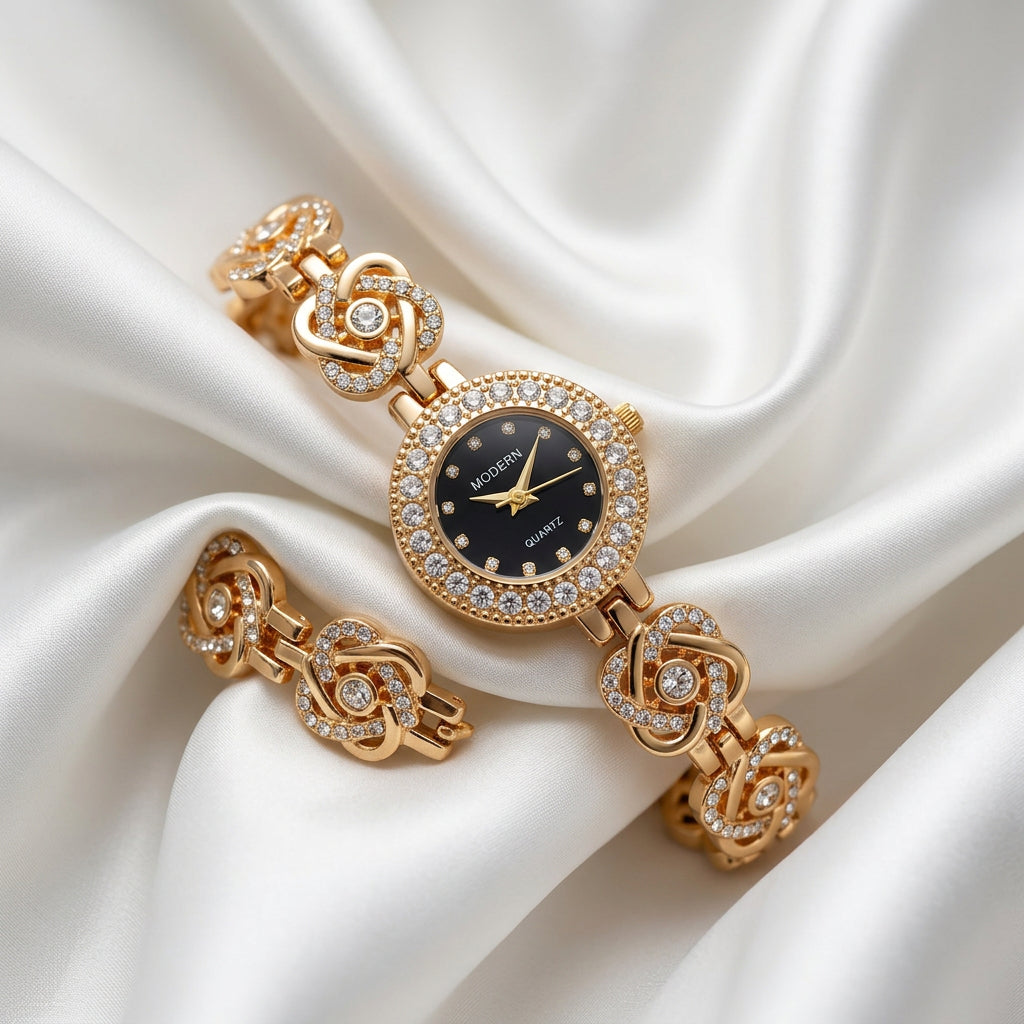 Gold Crystal Floral Link Watch with Black Dial