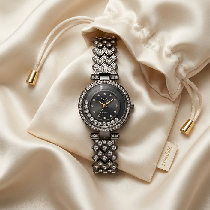 Black Crystal Bracelet Watch with Floating Crystals